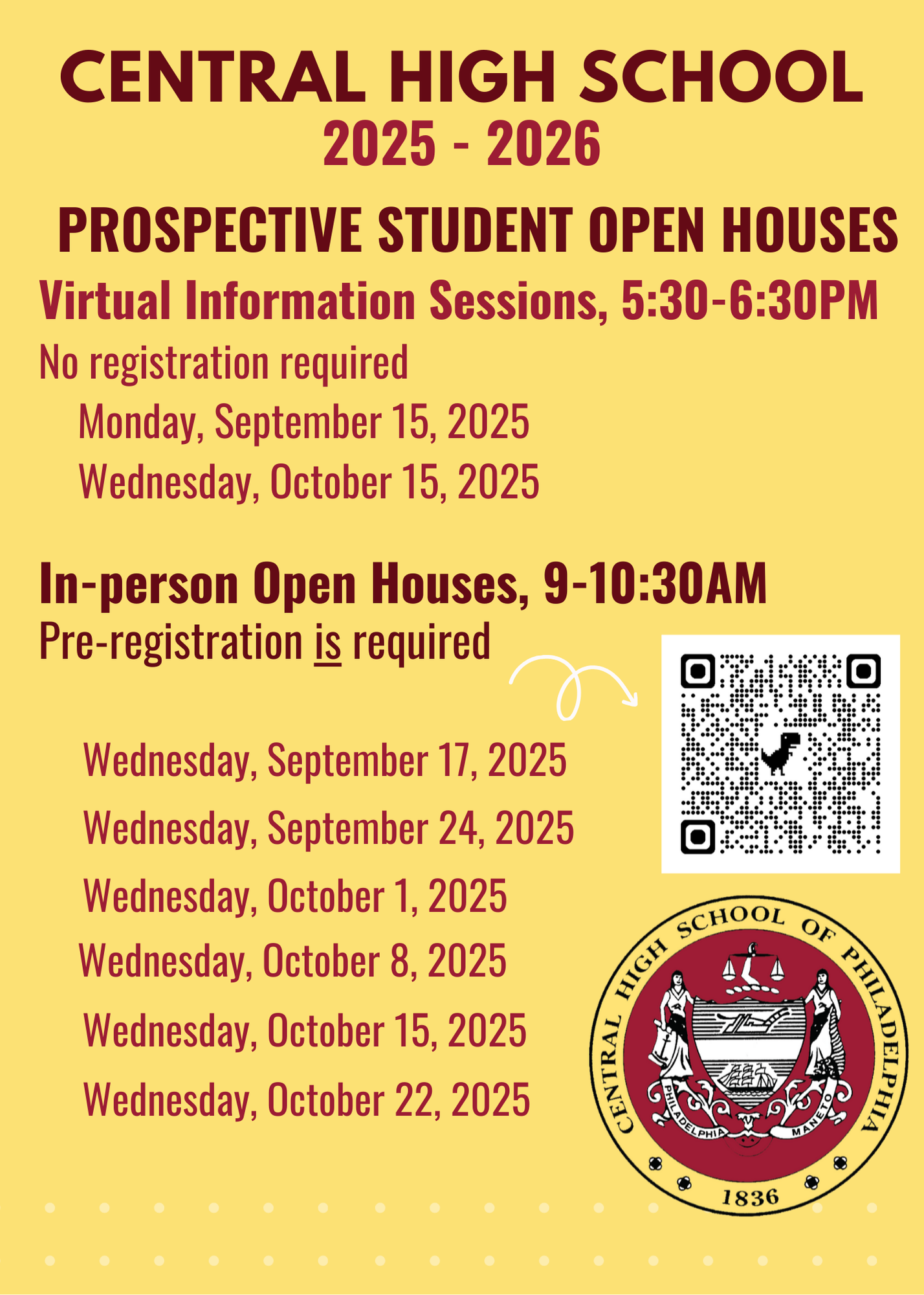 Flyer with dates and times for Open House events for potential students.